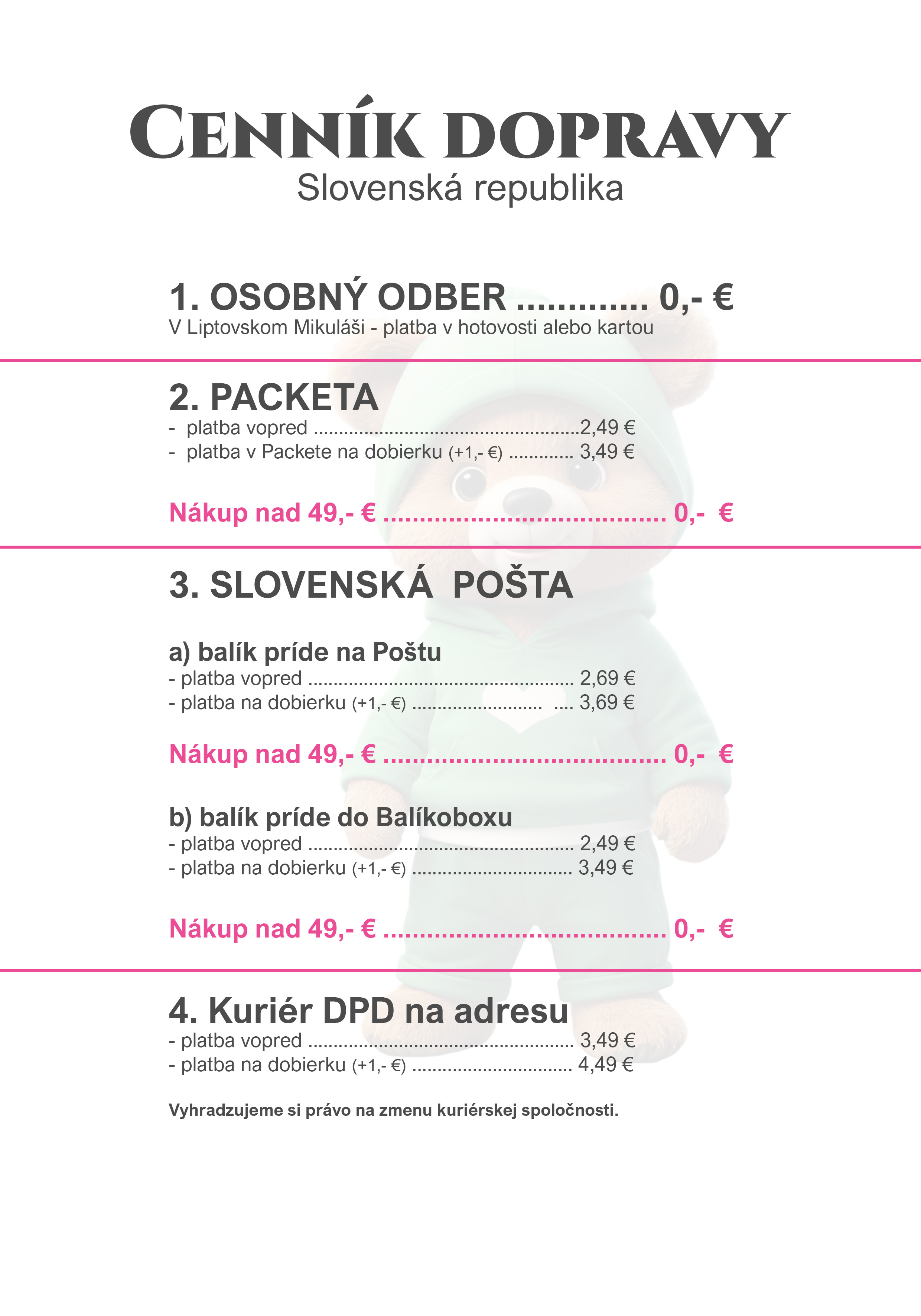 Cenník doprava - SR - plyšákovo - shoptet